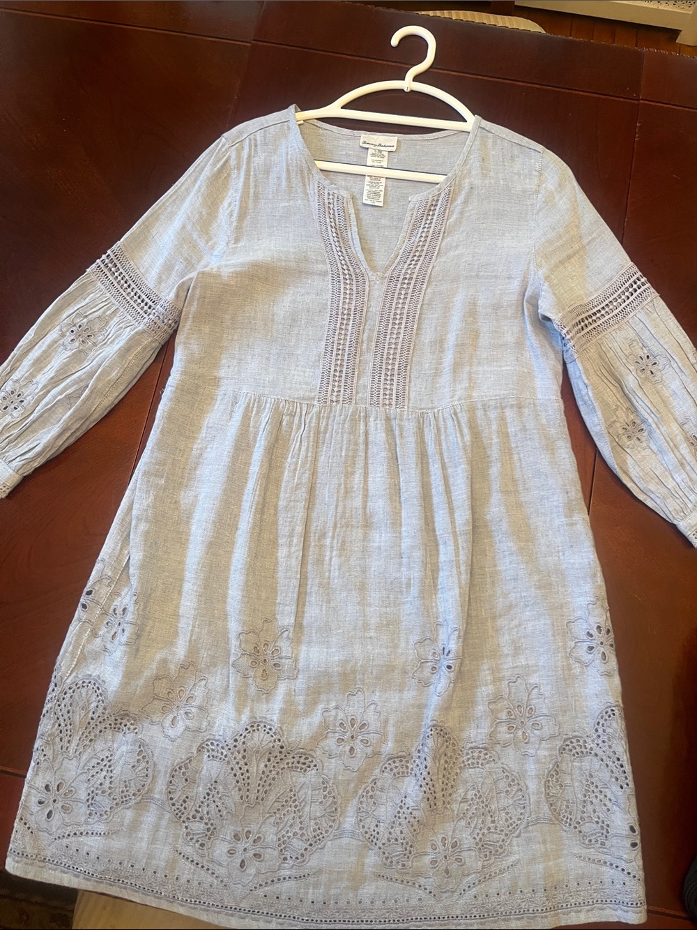 Tommy Bahama Pale Blue Embroidered Linen Long Sleeve Tunic Dress